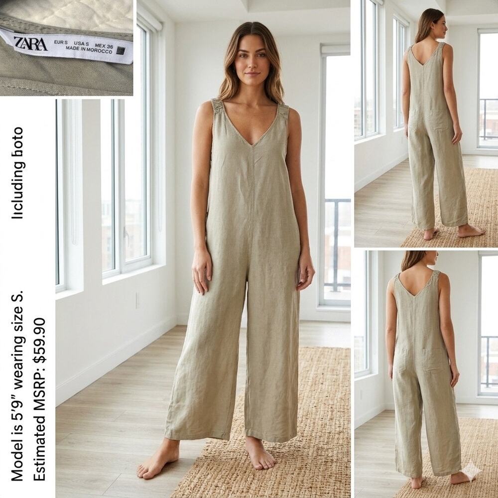 Zara Beige Linen Blend Wide Leg Jumpsuit Size Small V-Neck Boho Minimalist